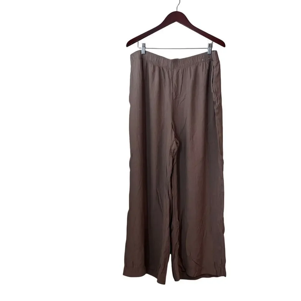 Abercrombie & Fitch A&F Textured Crinkle Wide Leg Viscose Pant Tan Beige XL